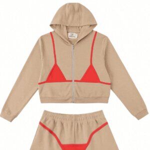 NWT FBC Bikini Bod Zip-up Sweatshirt in Beige/Red – S/M – Fashion Brand Company